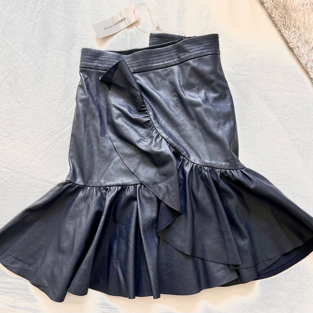 Rebecca Taylor Dark Navy/Black VeganLeather Ruffle Skirt